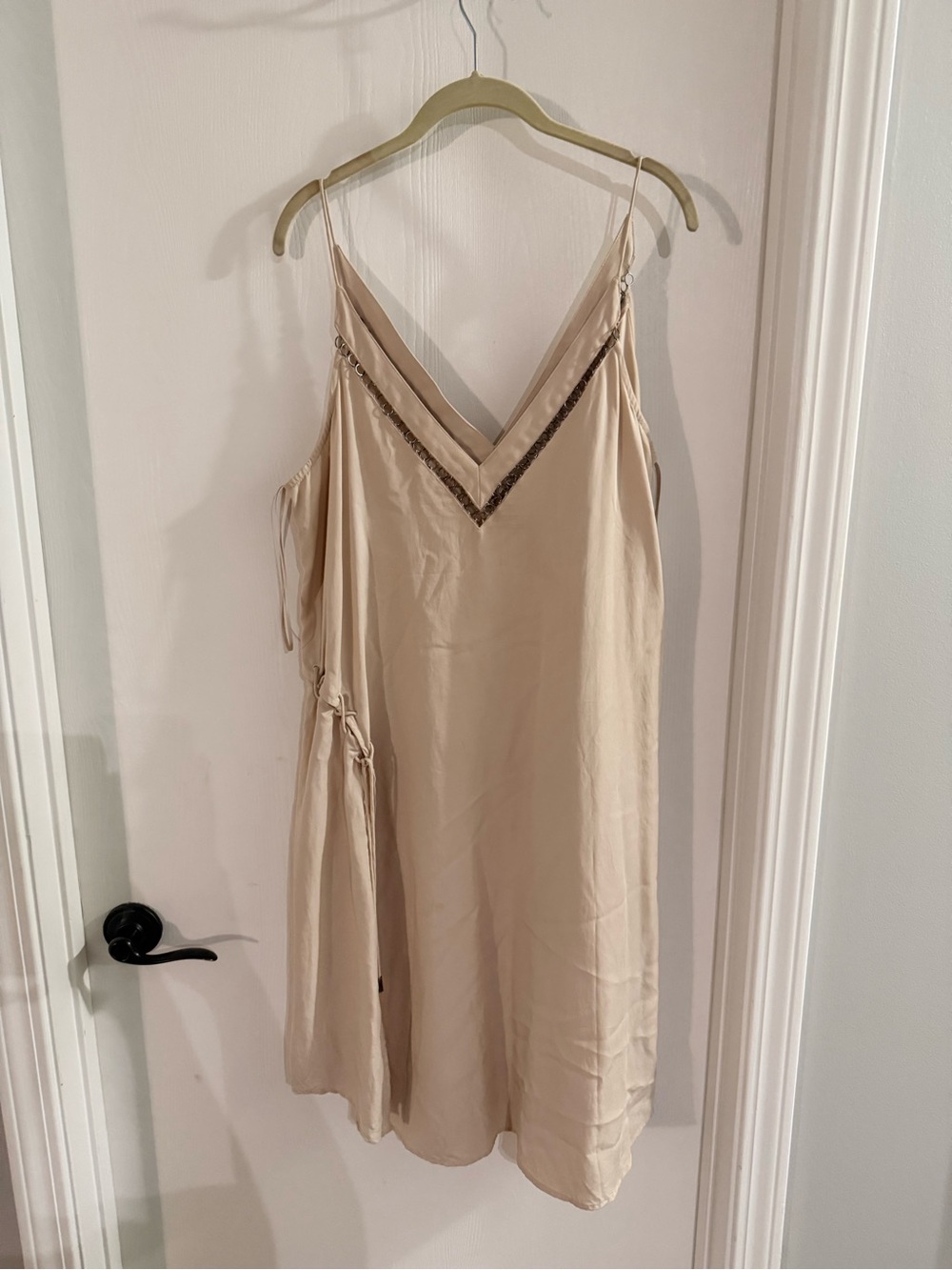 Free People L Beige V-Neck Slip Dress with Chain Neckline Trim and Side slit
